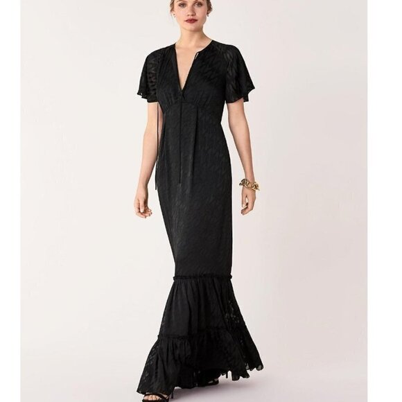 DVF Diane von Furstenberg Josefine black burnout gown ruffle long maxi dress 6 - Picture 1 of 8